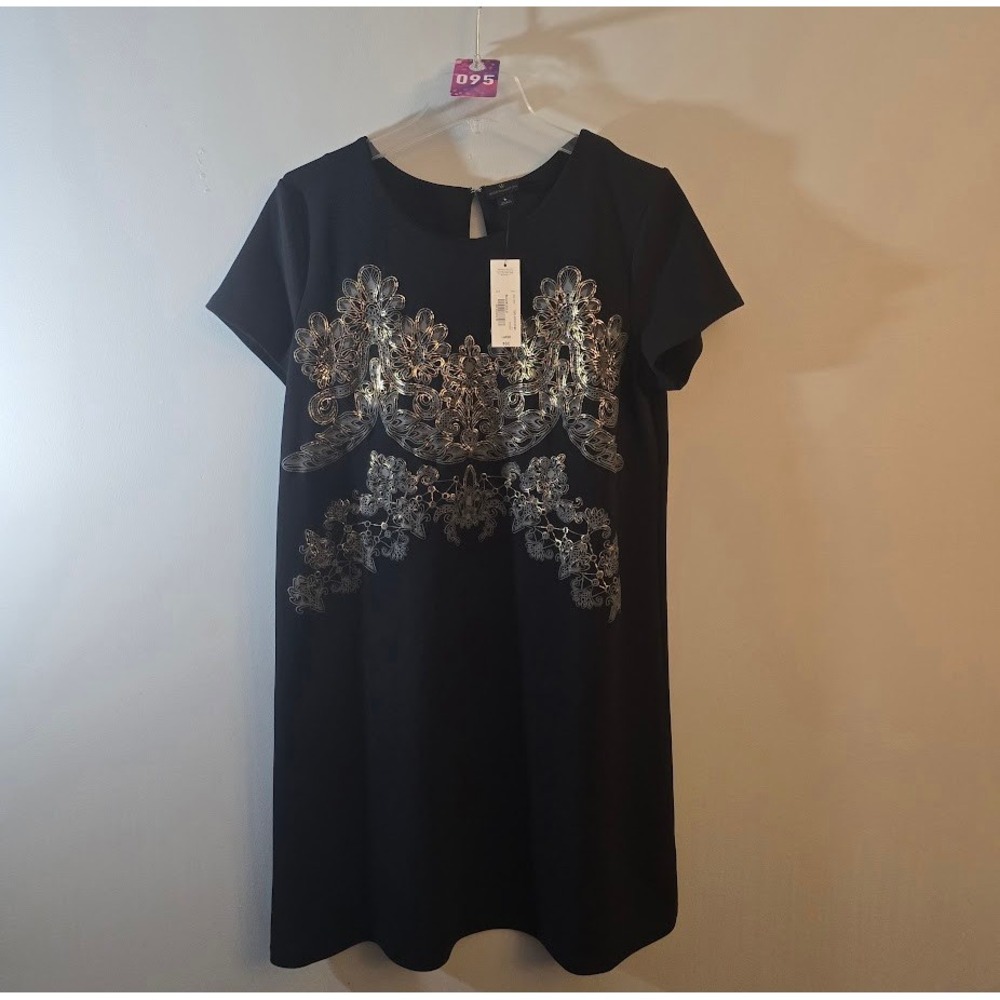 Worthington Womens Dress Black Gold Metallic Graphic Shift Party Size Large NEW